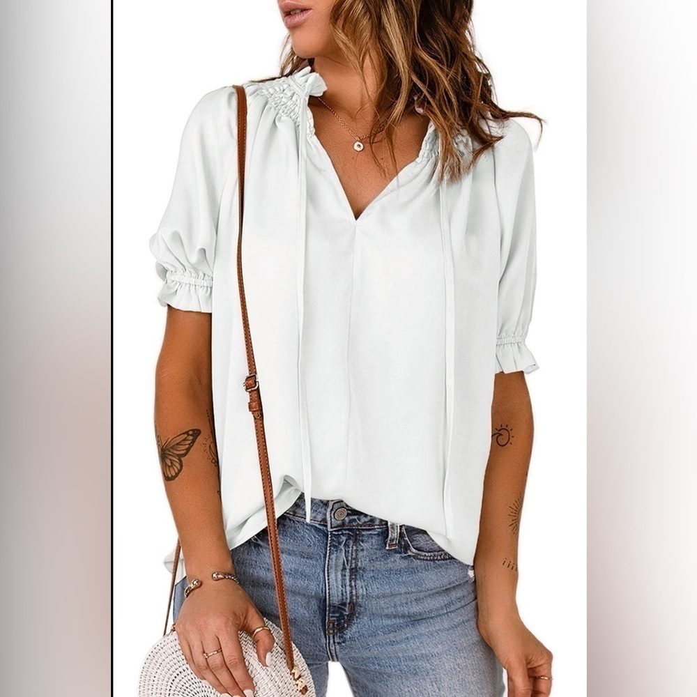 Marley Smocked Short Sleeve Frill Trim Blouse NWT